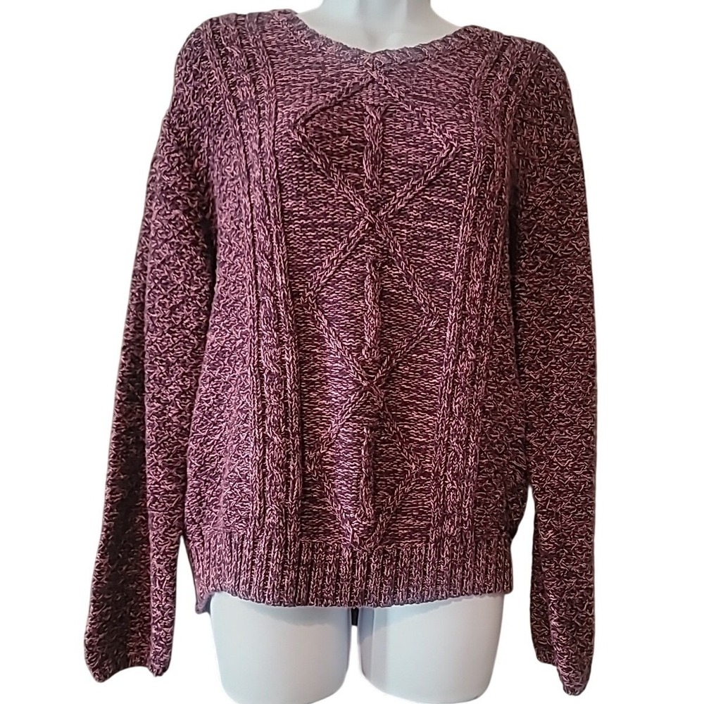 Cabelas Purple Marled Cable Knit Sweater Women Medium 100% Cotton Pullover